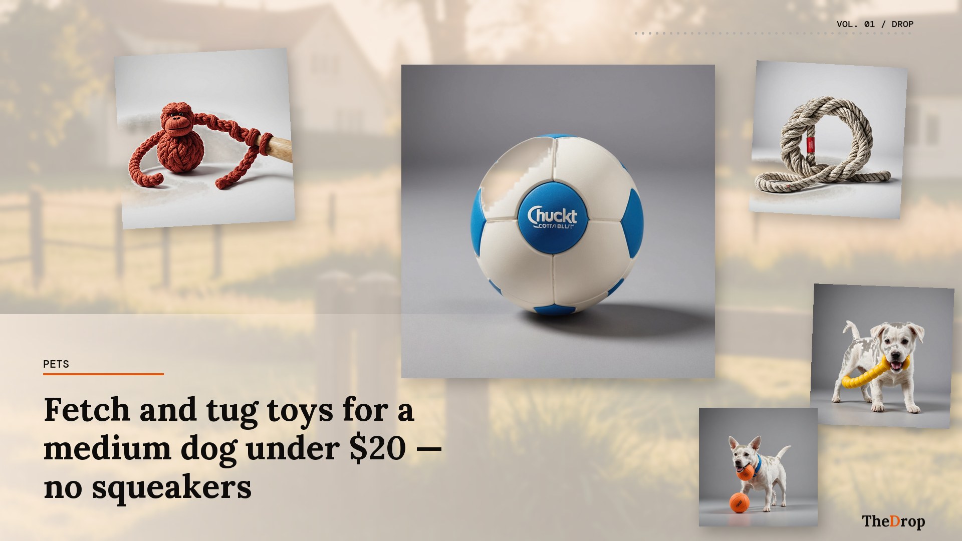 Fetch and tug toys for a medium dog under $20 — no squeakers