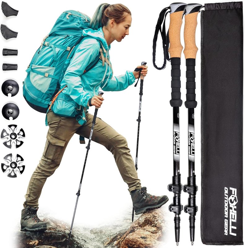 Foxelli Carbon Fibre Trekking Poles (Cork Grips, Folding, Quick-Flip Locks)